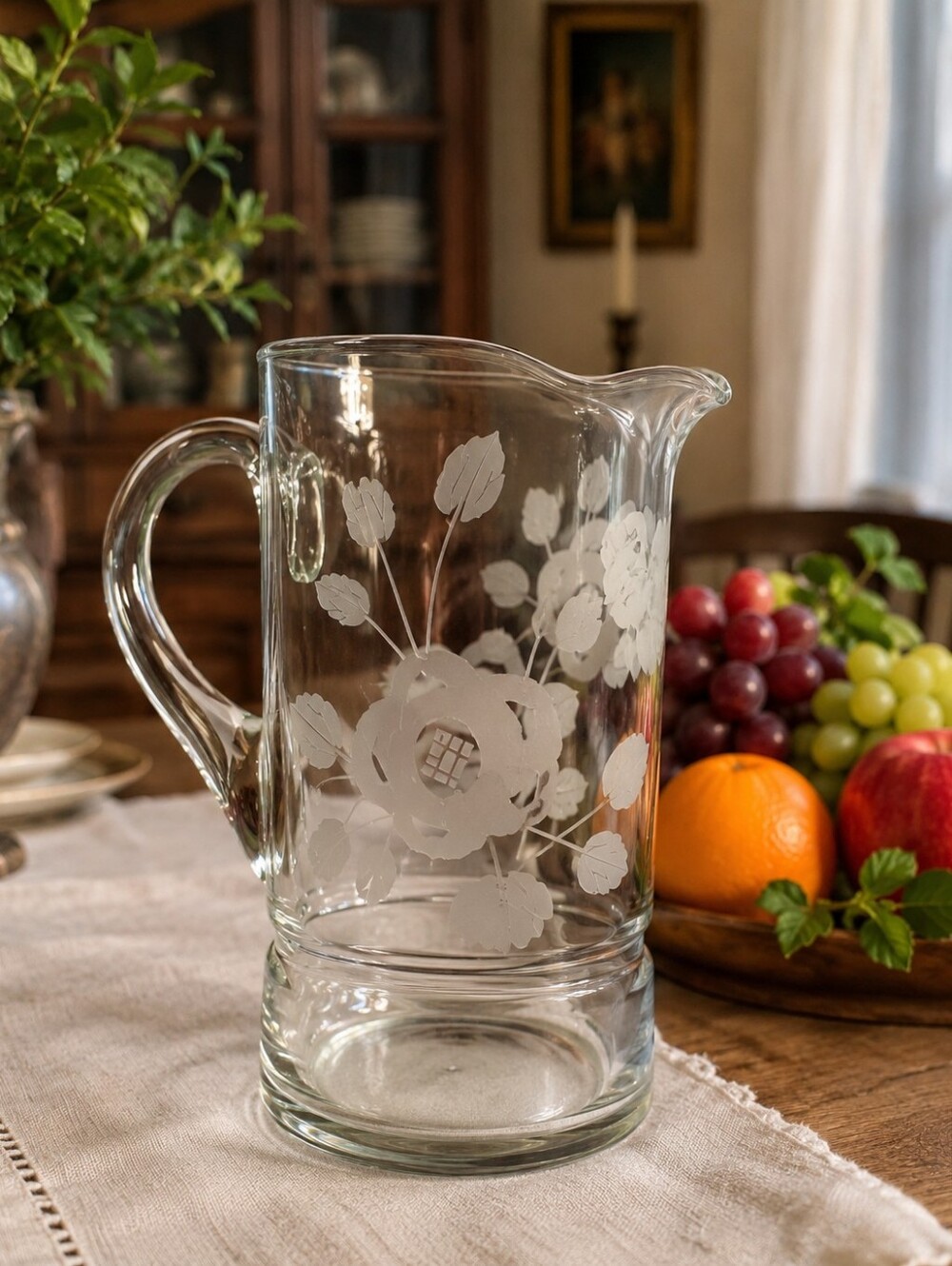 vintage cgc italy clear glass floral etched pitcher 6 inch vase jug